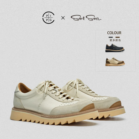 PIPG美式复古真皮拼色工装鞋男款板鞋厚底原创反绒透气休闲大头鞋