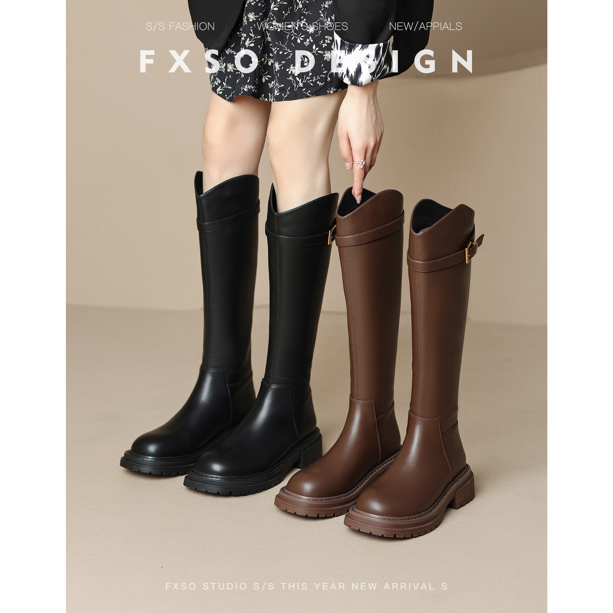 真皮方巷2025秋冬黑色长靴子新款粗跟小个子长筒靴女款爆款骑士靴主图