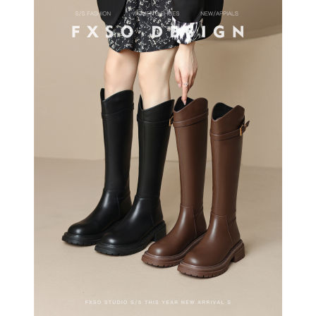 真皮方巷2025秋冬黑色长靴子新款粗跟小个子长筒靴女款爆款骑士靴
