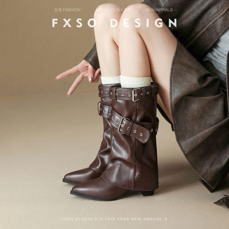 真皮方巷大叔2025秋冬新款皮带扣裤管靴堆堆靴女爆款尖头中筒靴女