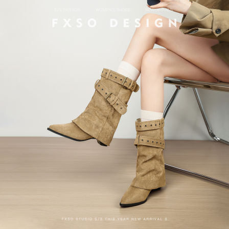 真皮方巷2025秋冬新款皮带扣裤管靴堆堆靴女爆款尖头短款马丁靴女