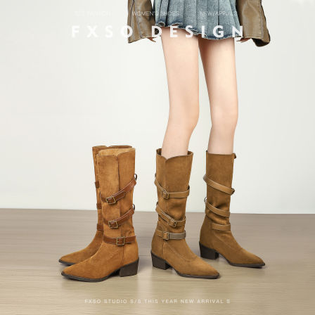 真皮方巷2025秋冬新款皮带扣骑士马丁靴爆款尖头小个子高筒长筒靴