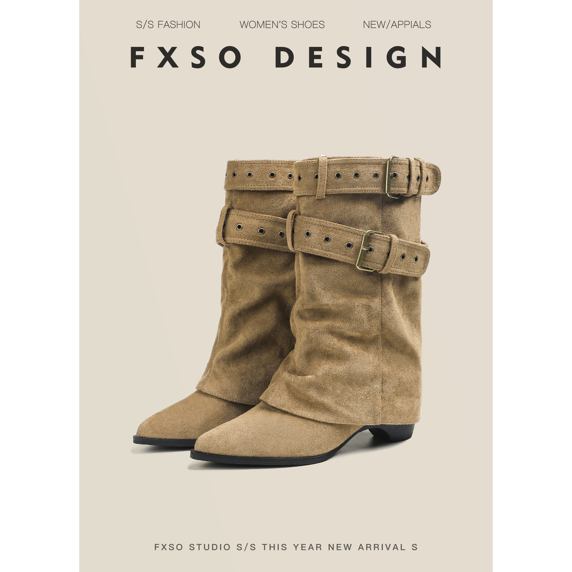 真皮方巷2025秋冬爆款皮带扣尖头裤管靴堆堆靴女粗跟骑士马丁靴女主图