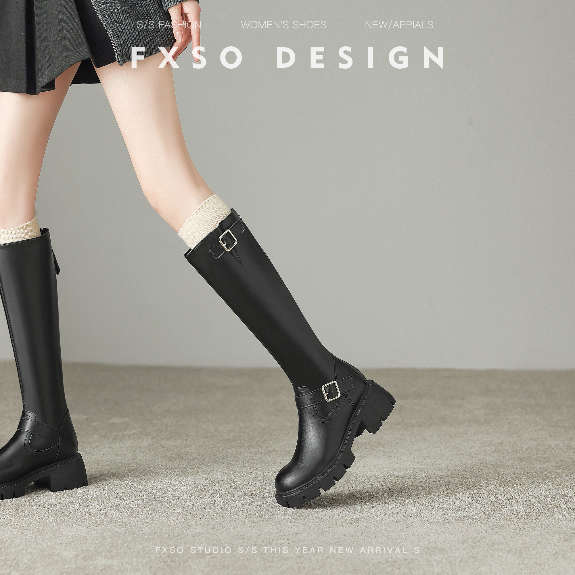 真皮方巷2025秋冬新款复古圆头马丁靴女爆款皮带扣显瘦高筒西部靴主图