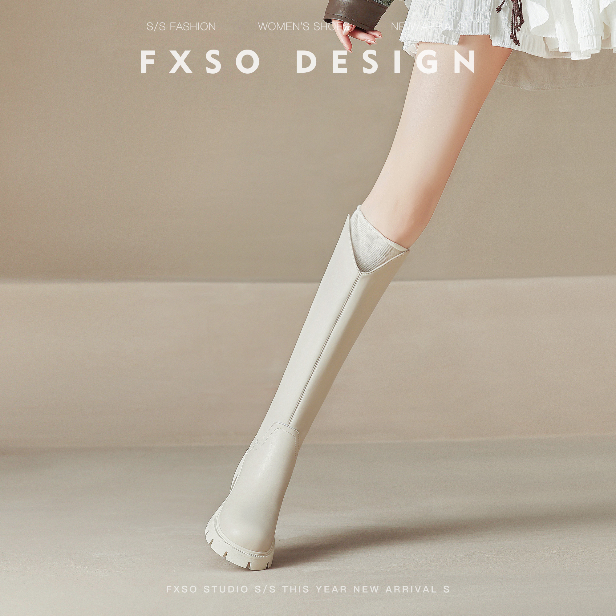 真皮版【方巷大叔】米白色V口厚底骑士靴女2025秋冬新款长筒靴子主图