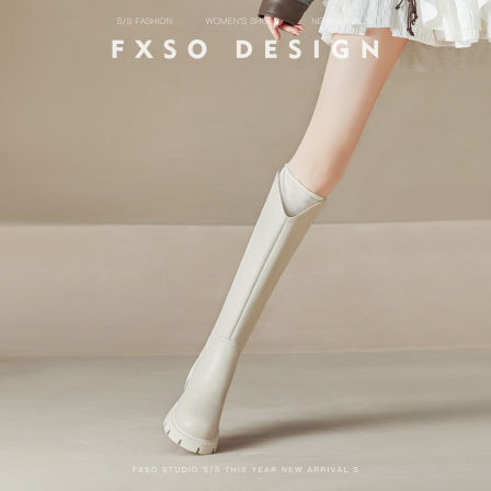 真皮版【方巷大叔】米白色V口厚底骑士靴女2025秋冬新款长筒靴子