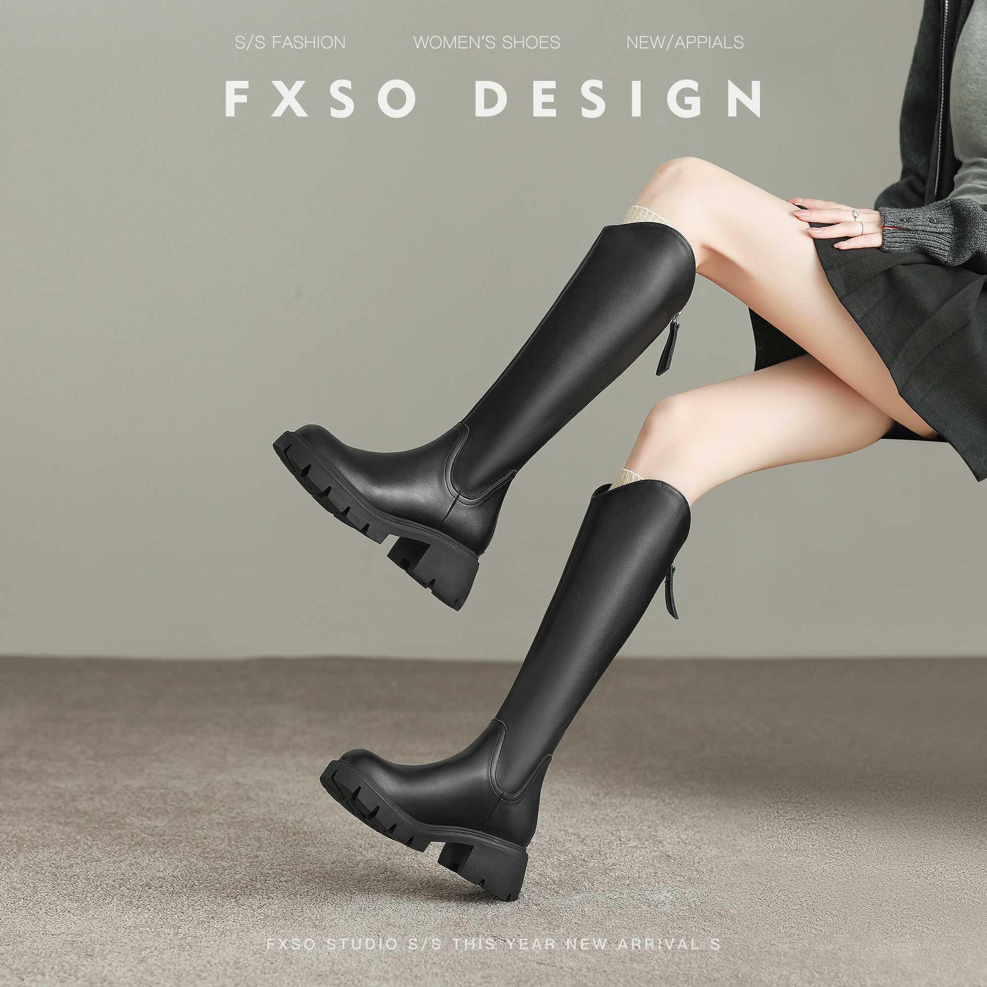 真皮版【方巷大叔】黑色显瘦长筒靴女2025秋冬新款V口厚底骑士靴主图