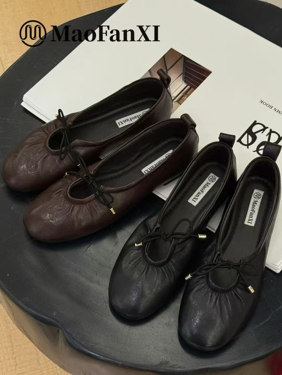 MFX 真皮小羊皮褶皱方头玛丽珍鞋子女单鞋软底绑带芭蕾鞋8-2509主图