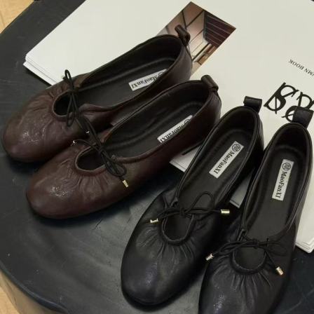 MFX 真皮小羊皮褶皱方头玛丽珍鞋子女单鞋软底绑带芭蕾鞋8-2509