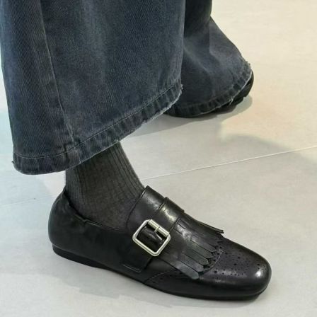 MFX 羊皮复古流苏雕花方头小皮鞋英伦风平底单鞋皮鞋9-298