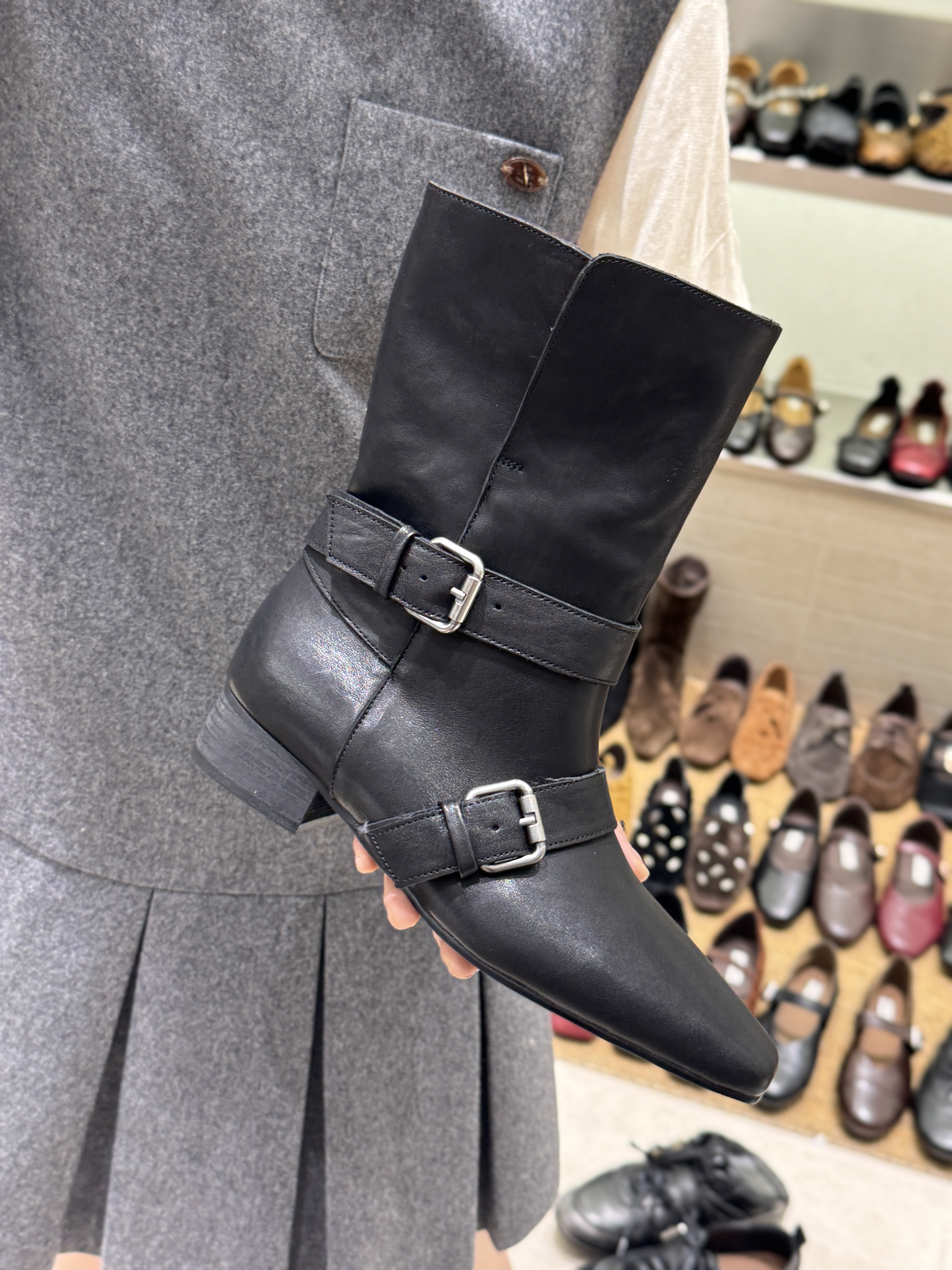 MFX 全真牛皮粗跟瘦瘦靴短靴女靴绒面中筒西部马丁靴9-302主图