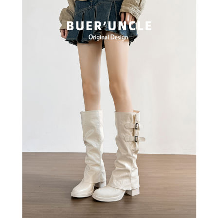 真皮版！粗跟长筒靴女秋冬褶皱裤管靴皮带扣高筒骑士靴不过膝长靴