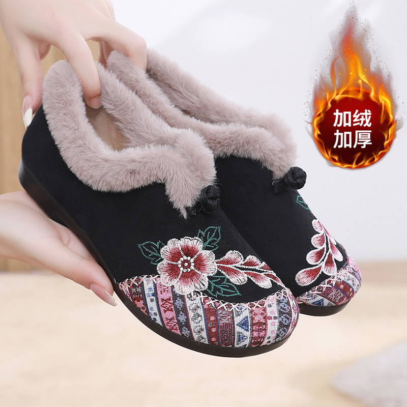 张凯丽老人棉鞋女冬季加绒一脚蹬妈妈鞋中老年舒适绣花鞋保暖棉靴主图