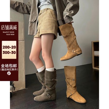 袁圈圈 复古麂皮绒西部靴扣带内增高堆堆靴绑带褶皱显瘦中筒长靴
