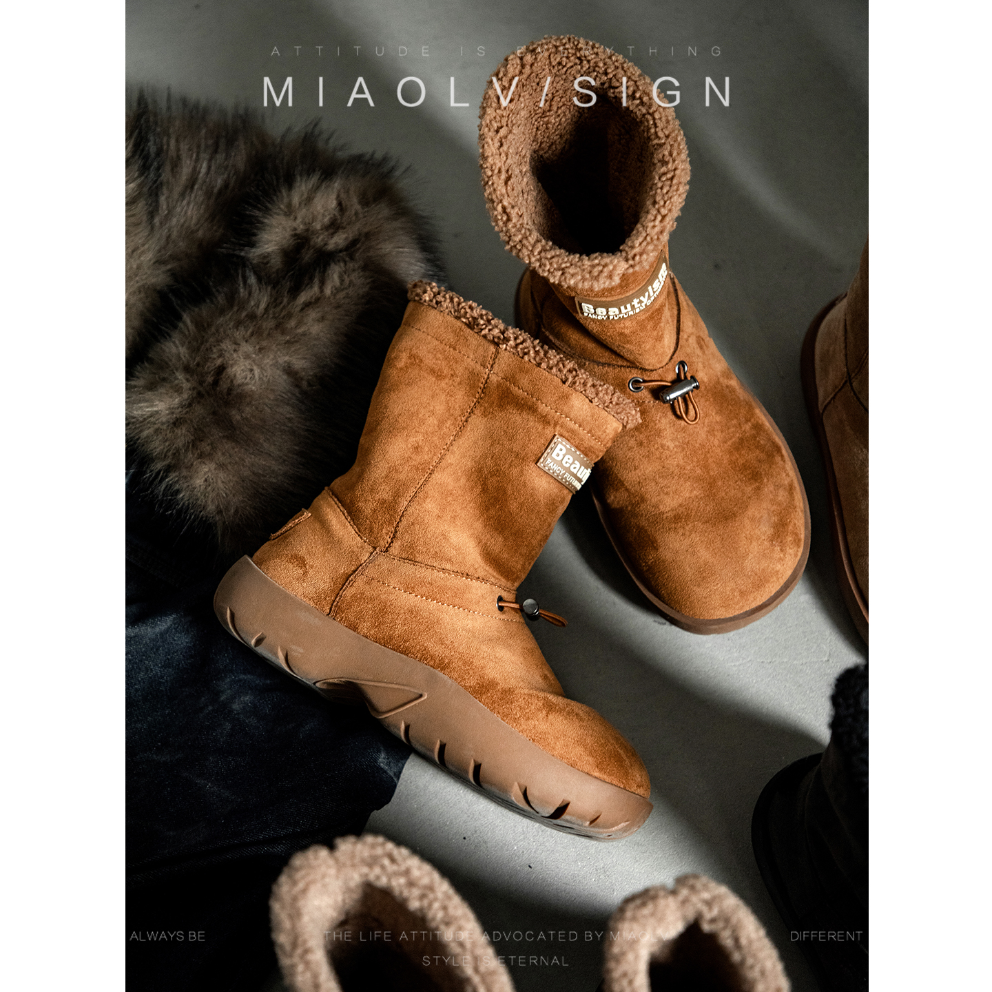 「妙侣」小暖炉~复古中筒雪地靴女款秋冬加厚防滑棉鞋靴子保暖鞋主图