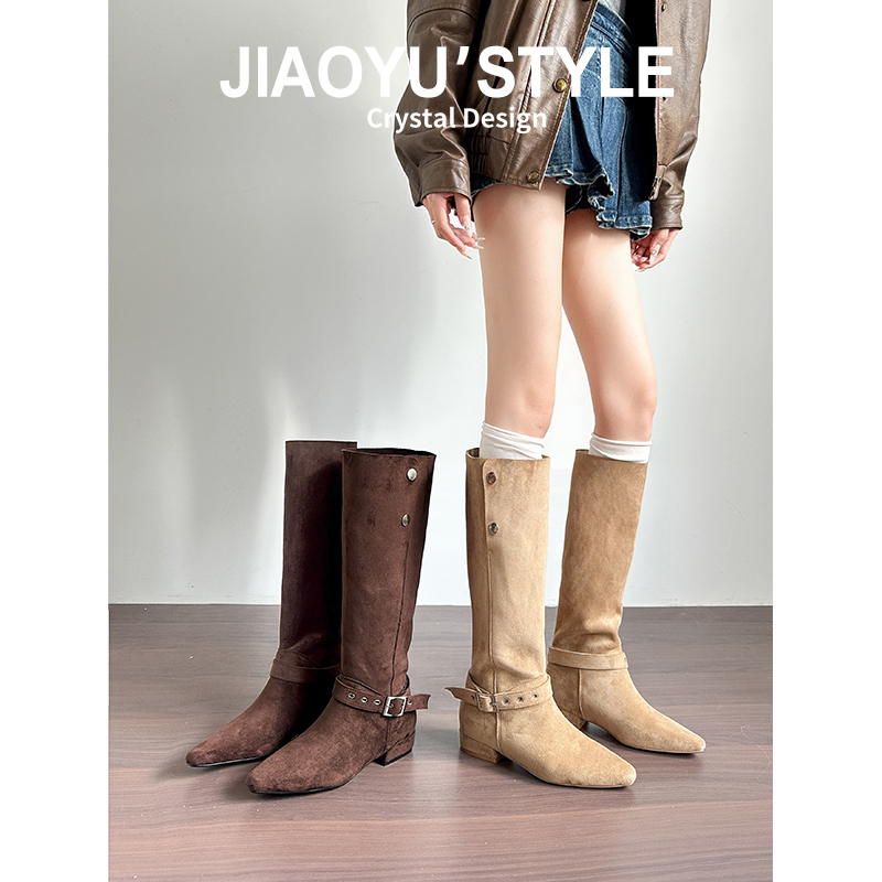 真皮~骄屿复古方头长靴女两穿翻折皮带扣骑士靴粗跟不过膝长筒靴主图