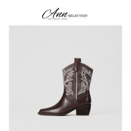 ANN复古V口西部牛仔靴2025年秋冬新款棕色方头粗跟雕花靴子女短靴