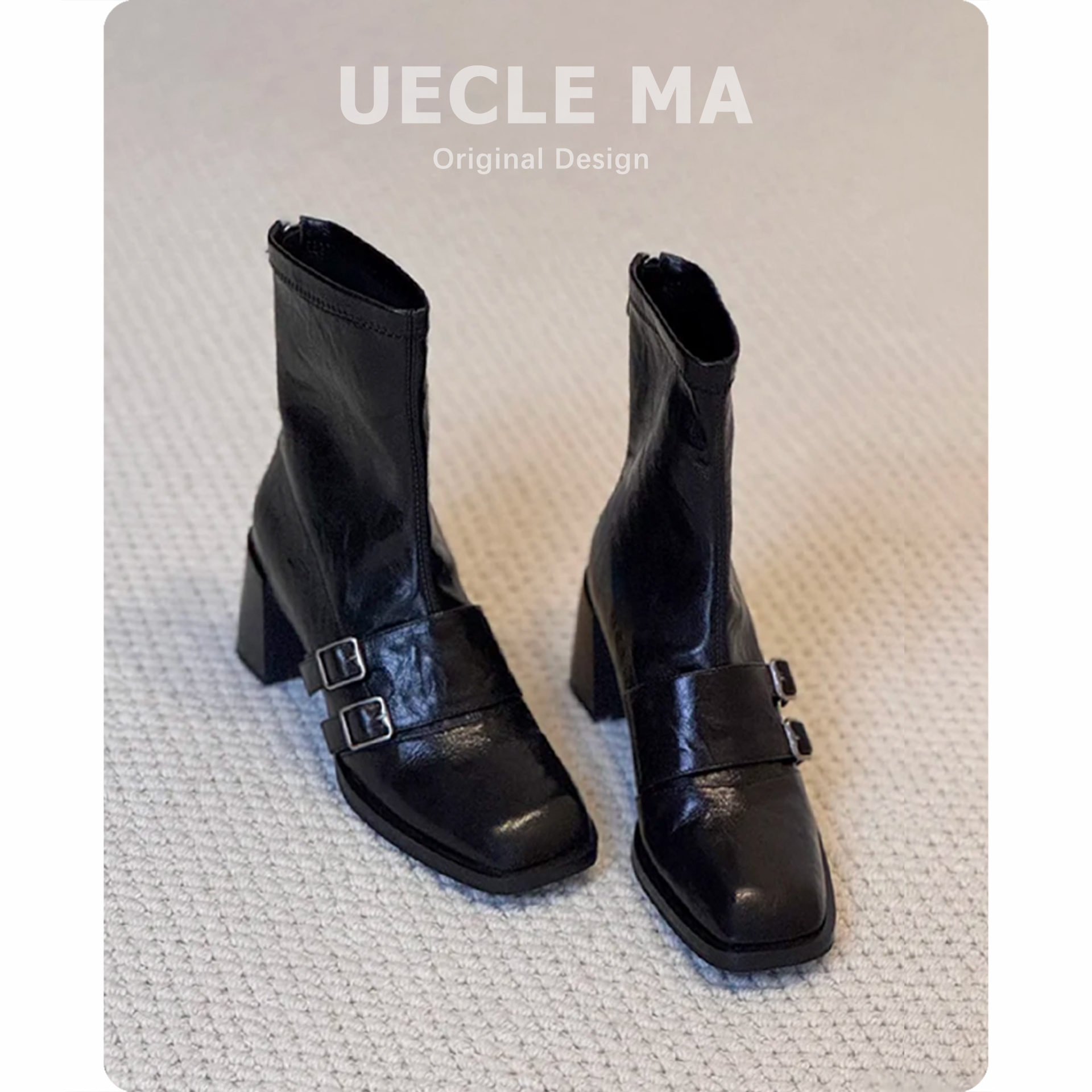 牛皮~韩系方头瘦瘦靴女粗跟真皮显瘦马丁靴高跟巨好看洋气小短靴主图