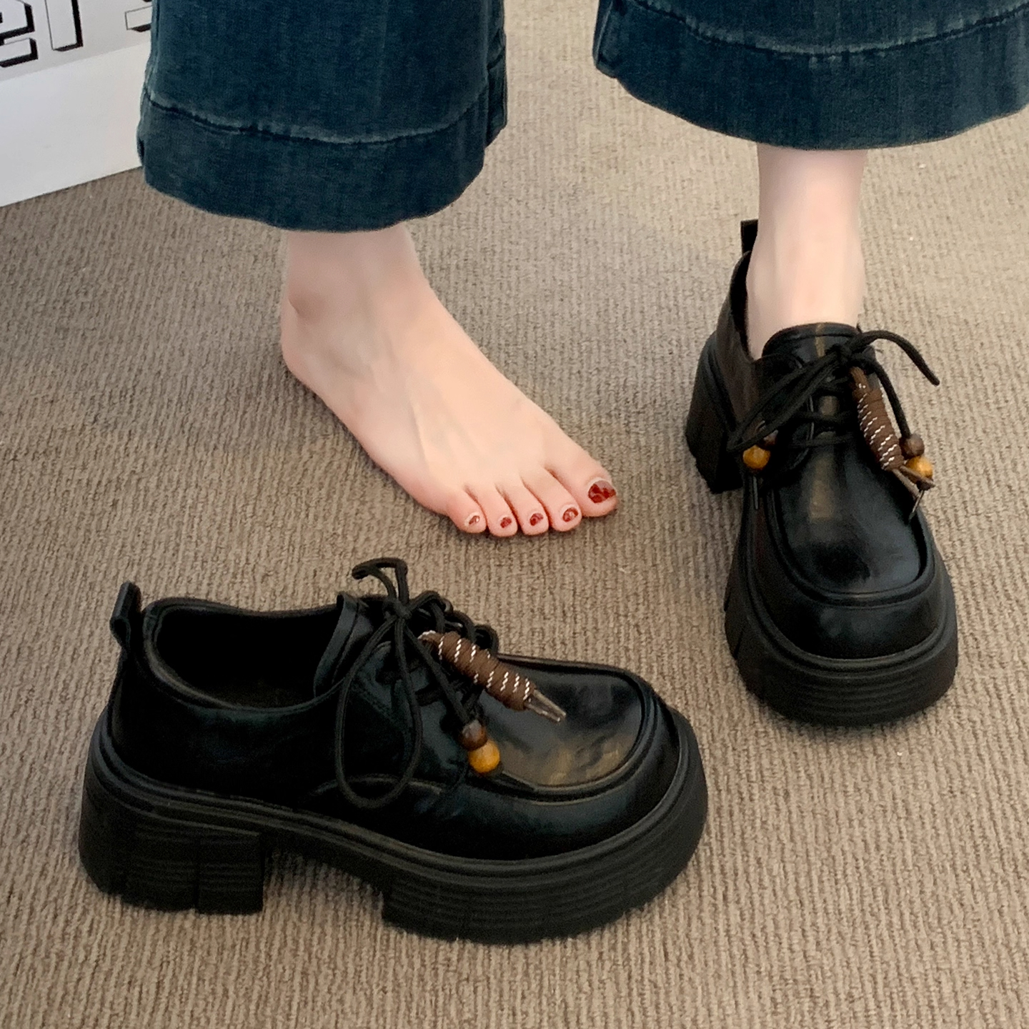 乐福鞋女2025秋季新款复古内增高厚底单鞋女粗跟配裙子小皮鞋女款主图