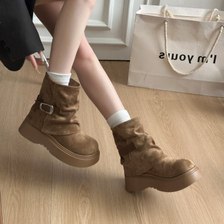 厚底增高勃肯鞋短靴子女2025新款秋棕色爆款中筒堆堆靴爆款马丁靴