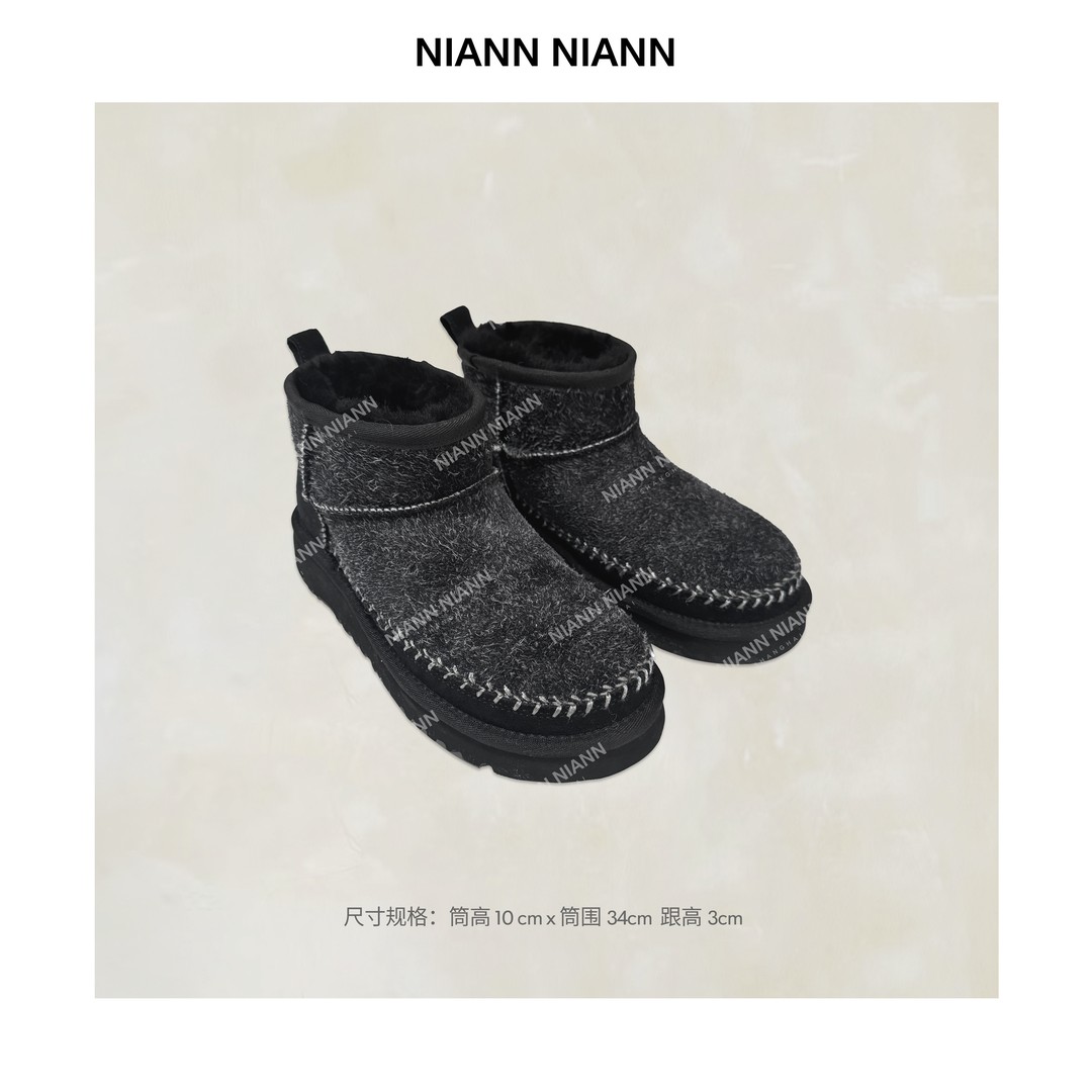  NiannNiann 新品高级时尚鞋履牛反毛内羊毛保暖雪绒花短靴16309主图