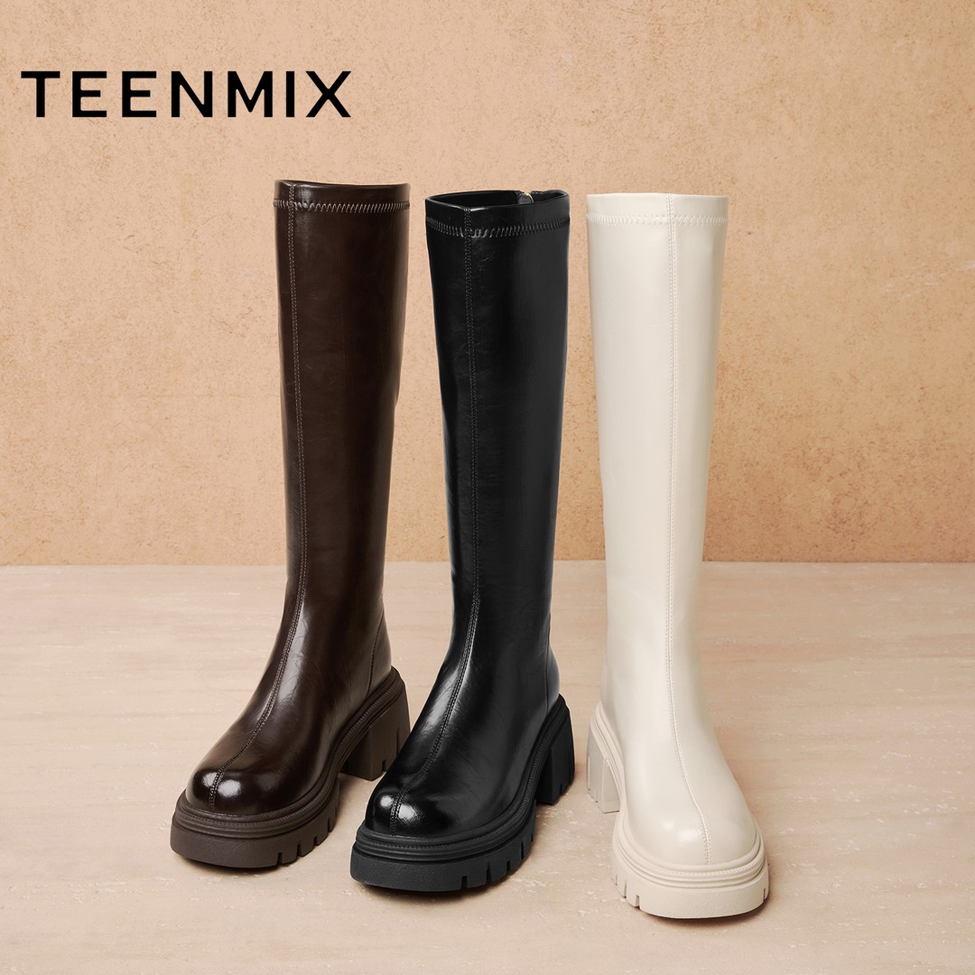 天美意2025冬新款直筒显瘦百搭厚底潮流纯色女弹力靴KTX21DG5主图