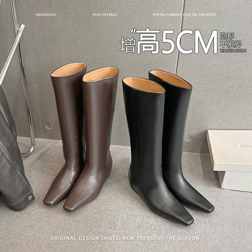 真皮版~复古方头坡跟长筒靴女新款高级感直筒靴套筒不过膝高筒靴主图