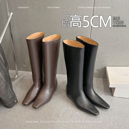 真皮版~复古方头坡跟长筒靴女新款高级感直筒靴套筒不过膝高筒靴