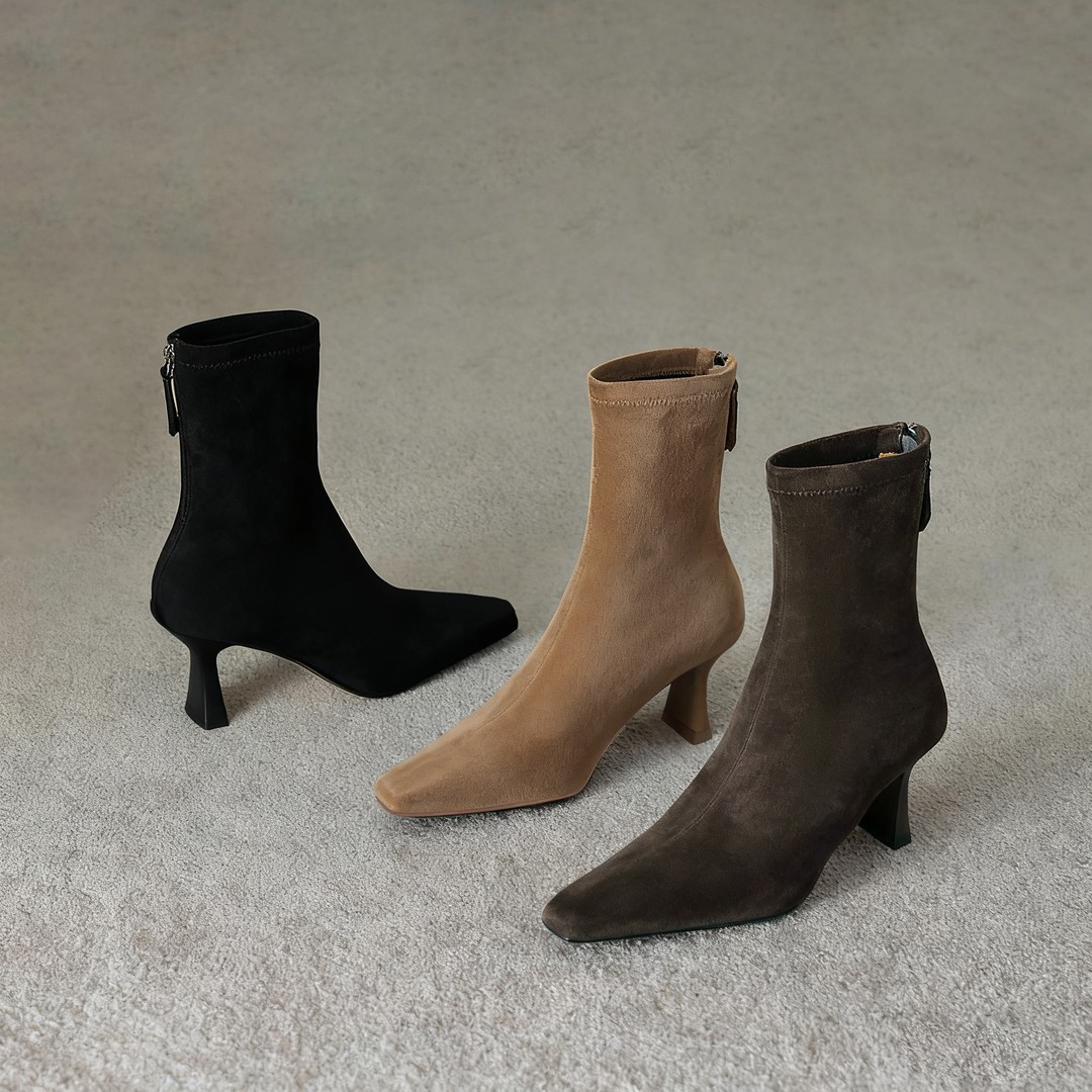 亚奇纳YAQINA新款时尚绒面极简复古显瘦百搭裸靴弹力靴瘦瘦短靴主图