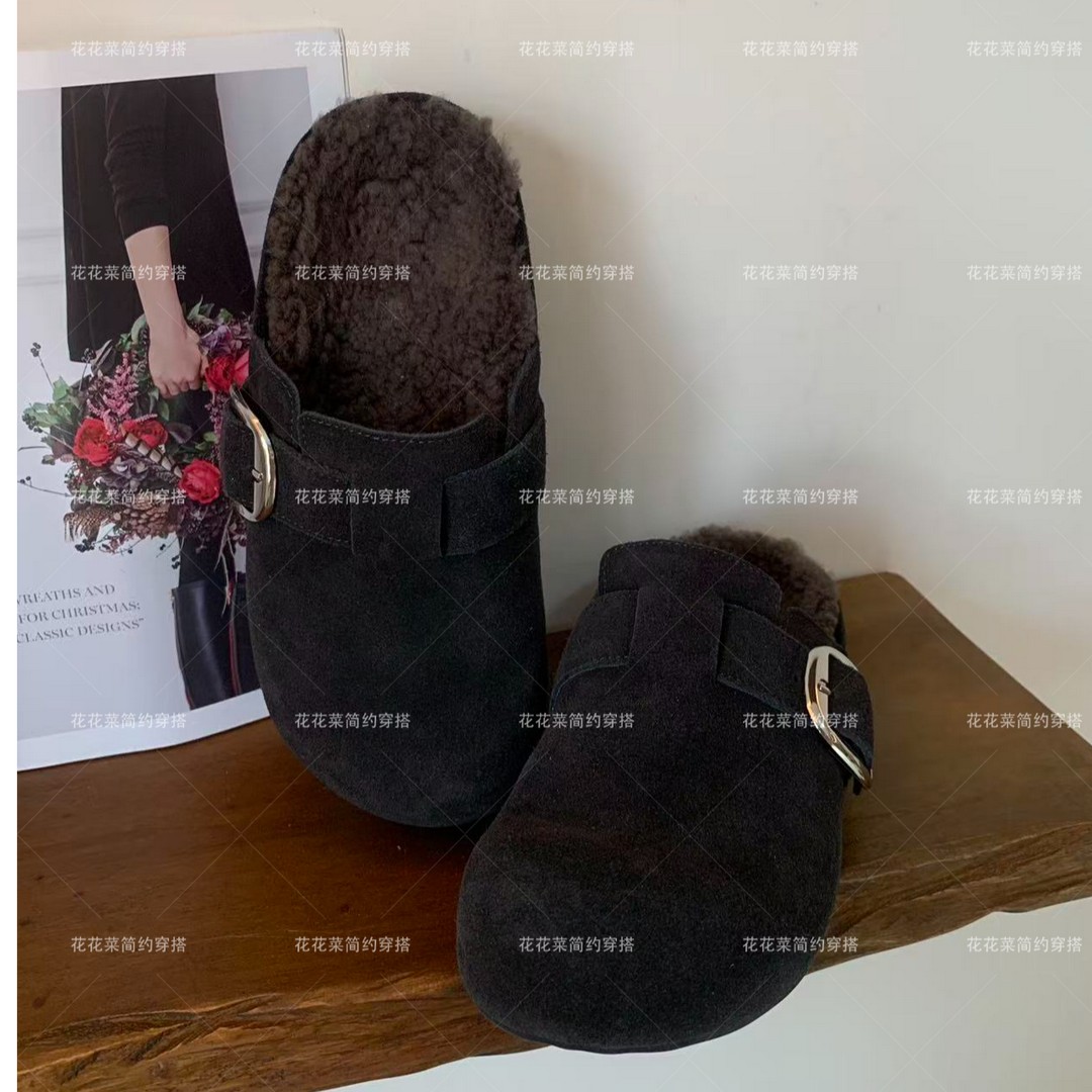 【花花菜】“芒果鞋” 秋冬新款芒果头麂皮绒毛毛包头勃肯拖主图