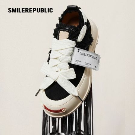 SMILEREPUBLIC 檀健次同款黑色低帮开口笑厚低帮帆布鞋经典黑休闲