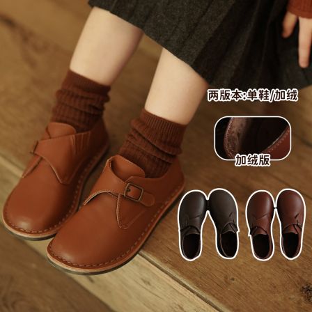 宝宝幼儿园加绒百搭纯牛皮魔术贴皮鞋允儿妈女童秋冬洋气软底鞋子