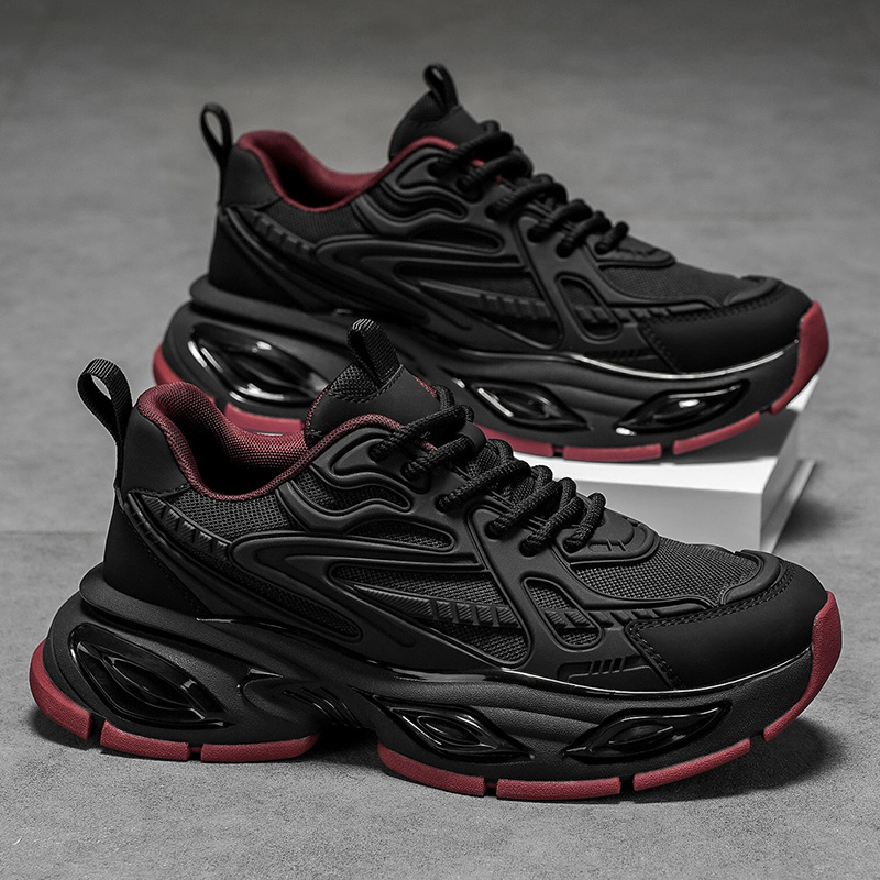 男鞋秋季2025新款气垫减震跑步运动鞋厚底增高纯黑色休闲老爹潮鞋主图