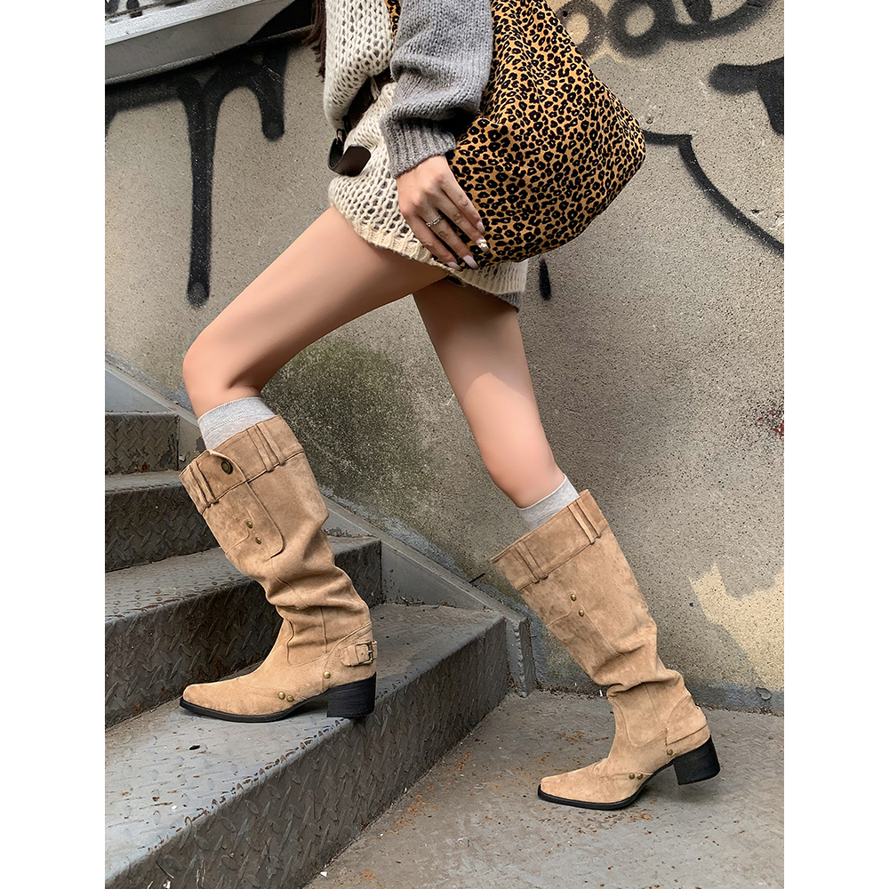 【安琪儿专享】2025卡其色麂皮宽筒大筒围显瘦西部牛仔靴堆堆长靴主图