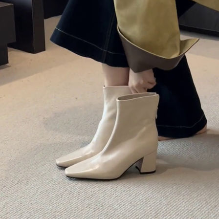 羊皮版~法式方头高跟靴后拉链显瘦简约气质瘦瘦靴女白色粗跟短靴