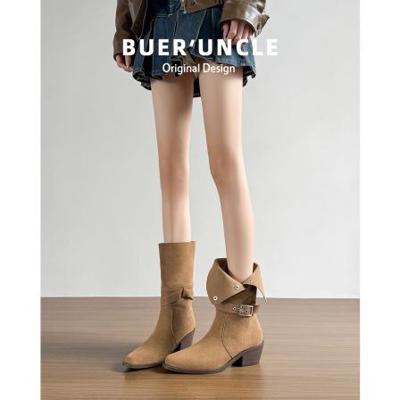 牛皮版~复古皮带扣褶皱堆堆靴女秋冬中筒显瘦粗跟两穿西部短靴