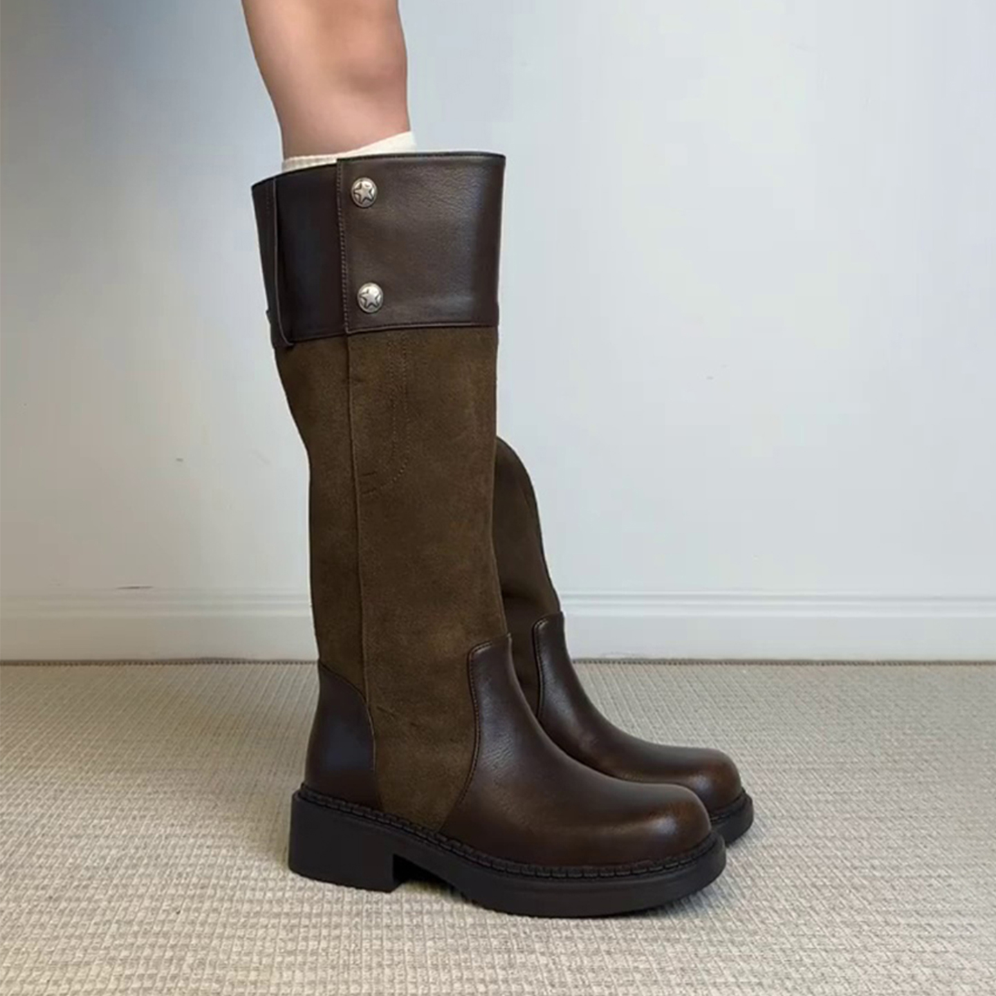 牛皮版~复古拼接粗跟高筒骑士靴西部牛仔靴显瘦不过膝长筒堆堆靴主图