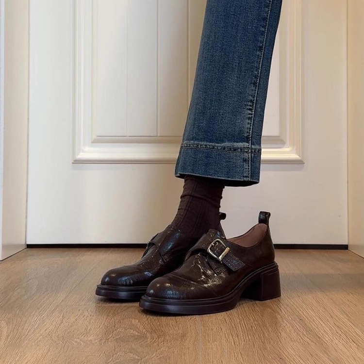 羊皮版~复古皮带扣深口乐福鞋女简约通勤粗跟一脚蹬英伦风小皮鞋主图