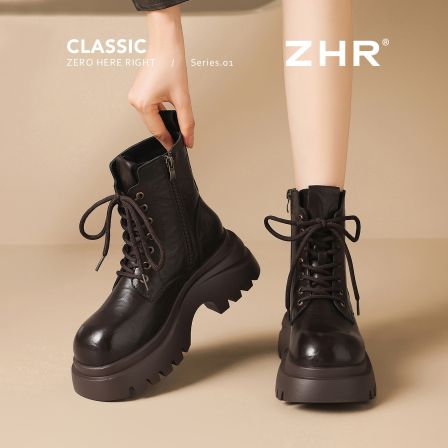 厚底马丁靴女2025新款秋冬季小个子增高棕色短靴复古英伦百搭靴子