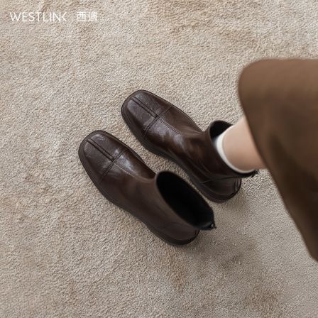 西遇内增高马丁靴女2025新款秋冬棕色显瘦瘦瘦靴后拉链粗跟短靴TQ