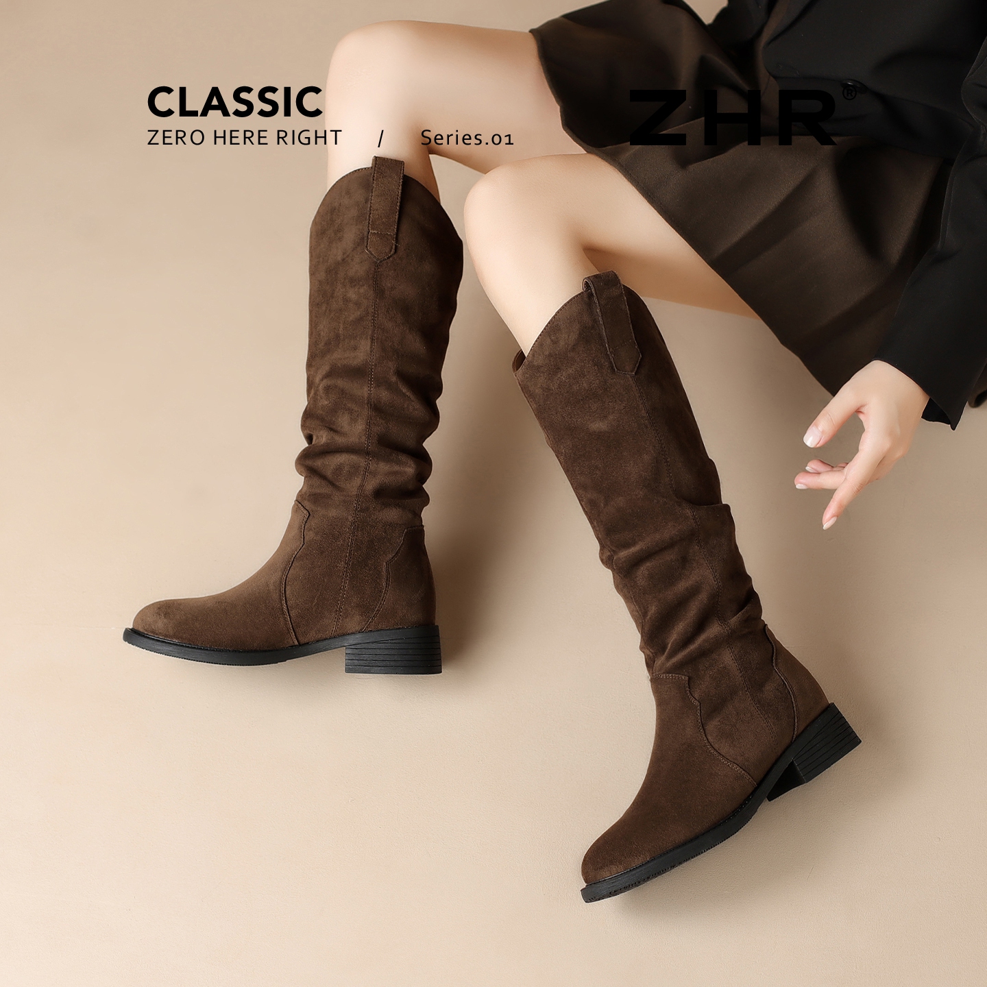 长筒靴女2025新款秋冬季粗跟增高真皮骑士靴复古不过膝西部堆堆靴主图