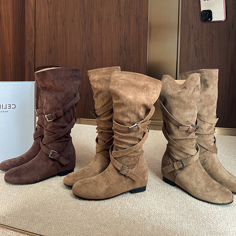 增高7cm~时髦交叉带平底西部靴圆头中高筒骑士靴长筒靴子女堆堆靴主图