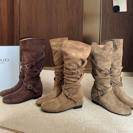 增高7cm~时髦交叉带平底西部靴圆头中高筒骑士靴长筒靴子女堆堆靴