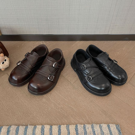 伯爵猫圆头英伦复古小皮鞋女2025秋新款魔术贴乐福单鞋布洛克单鞋