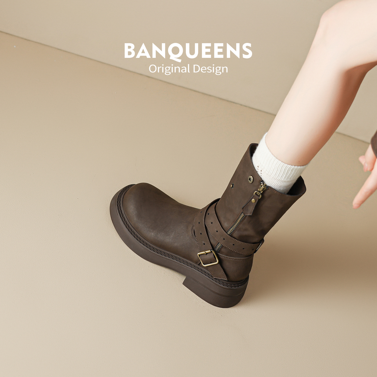 真皮版！半曲马丁靴女2025新款两穿牛仔靴中筒靴子粗跟皮带扣短靴主图