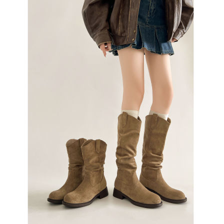 内增高堆堆靴子女长筒靴秋新款V口显瘦长靴美拉德西部牛仔骑士靴