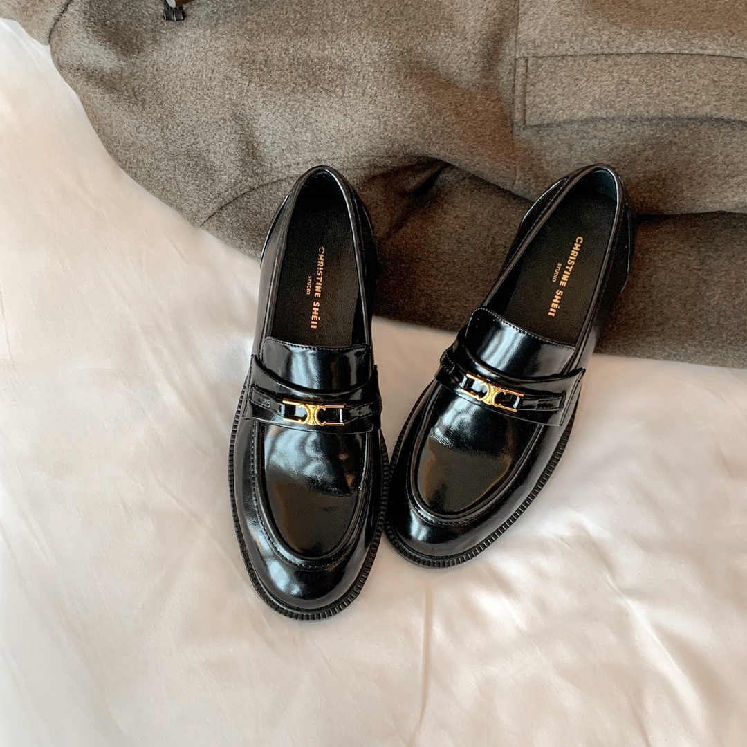 苏茵茵自制款~凯旋门金扣一脚蹬懒人乐福单鞋女小皮鞋E3402089主图