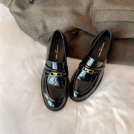 苏茵茵自制款~凯旋门金扣一脚蹬懒人乐福单鞋女小皮鞋E3402089