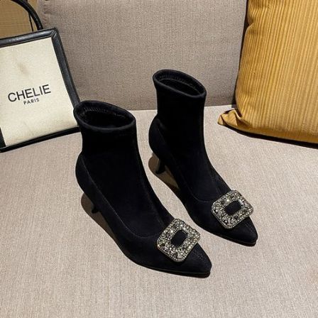 秋冬小短靴时髦法式优雅千金风百搭高跟尖头细跟小个子弹力瘦瘦靴