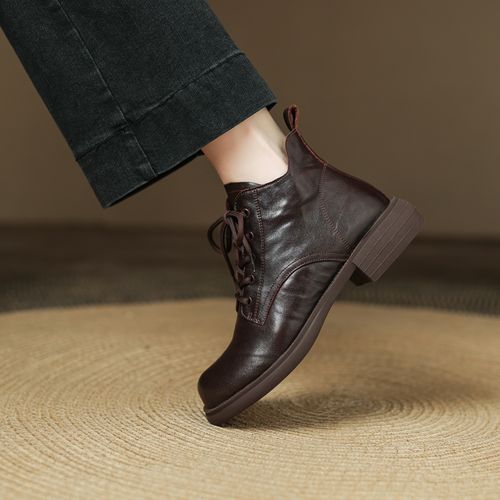 【皮袜子】女鞋靴子秋冬女橡胶女靴擦色皮马丁靴圆头低跟主图